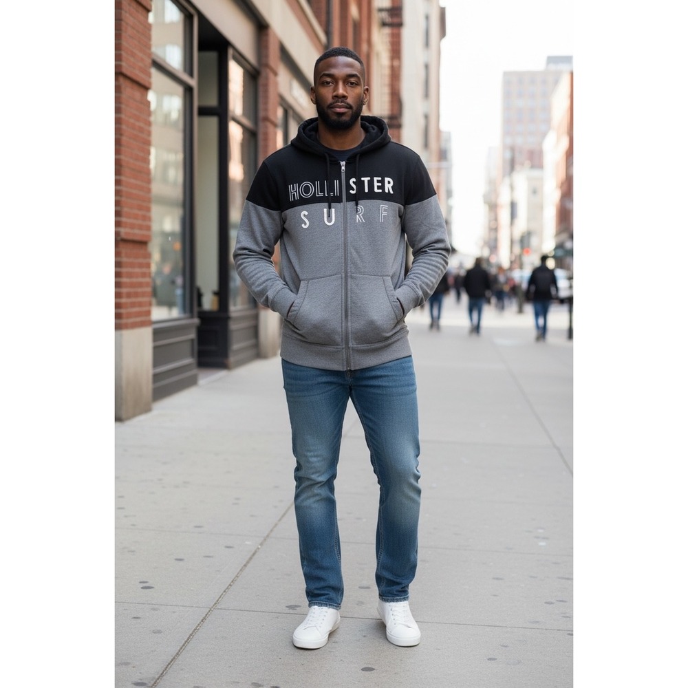 Hollister Mens Full Zip Hoodie Gray Black Colorblock Surf Graphic Large 381854